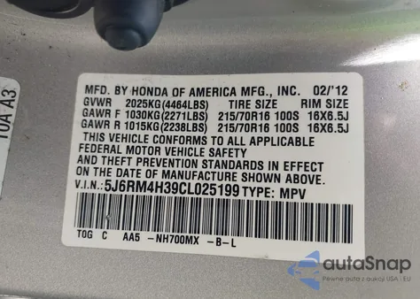 2012 Honda Cr-V Lx z USA, uszkodzony, nr VIN 5J6RM4H39CL025199
